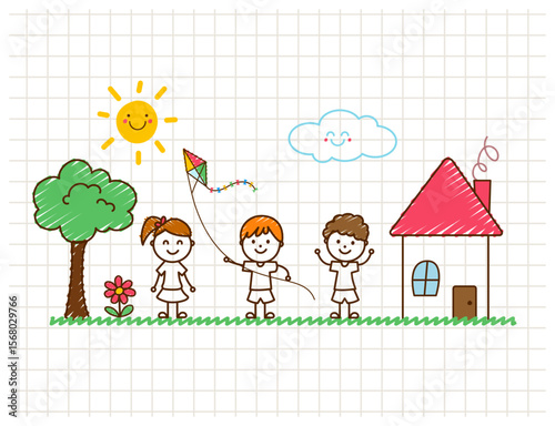 Playful Sketch: A whimsical sketch depicts a cheerful sunny day with a playful children joyfully fly the kite, enjoying the outdoors near a simple house, embodying the innocence of childhood.