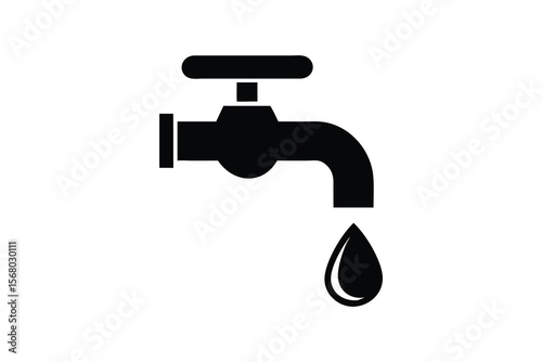 Simple black silhouette icon of a dripping faucet with a single water droplet falling from the spout against a clean white background representing water conservation or plumbing