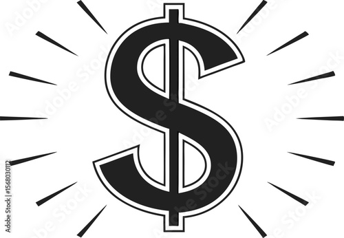 Symbolizing wealth a dollar sign with radiating lines of success silhouette black vector illustration