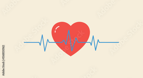 Heartbeat symbol with red heart and blue ecg line