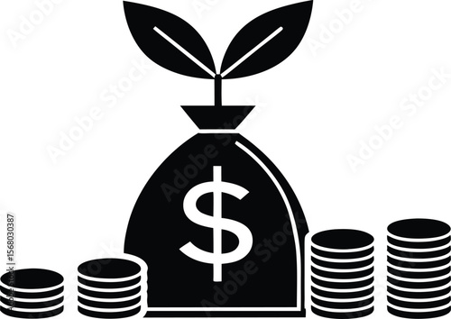 Money bag with plant and coins finance growth concept silhouette black vector illustration