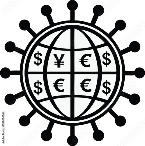 Global financial virus infecting world economy with dollar euro yen silhouette black vector illustration