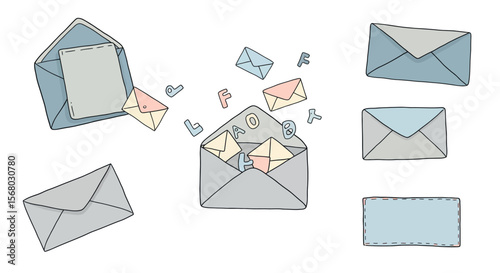Postal theme vector illustration with envelopes and letters in flat hand drawn style for greeting card design