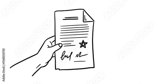 Hand holding signed document with star in minimalist line art style