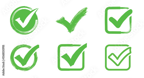 Green check mark set: creative brush and geometric design variations
