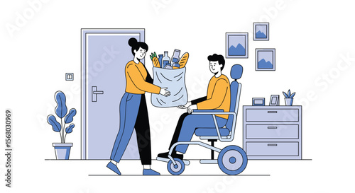 Volunteer Helping Elderly Person With Groceries Delivery To Home During Pandemic