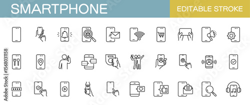 Smartphone line icon set – Includes  mobile phone, device, , message, payment and shopping. Editable stroke. Vector illustration.