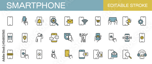 Smartphone line icon set – Includes  mobile phone, device, , message, payment and shopping. Editable stroke. Colored vector illustration.