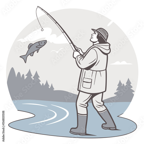 Fisherman with fishing rod vector illustration free online design.