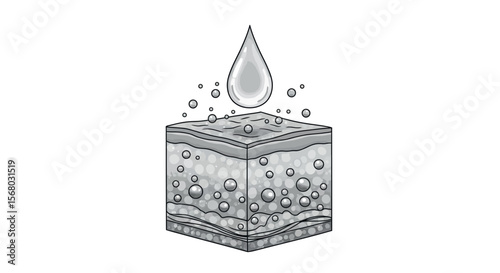 Water droplet and soil cross section vector illustration in monochrome for educational posters