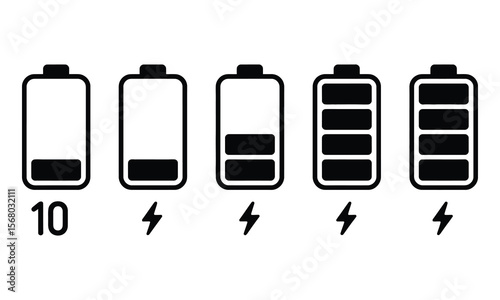 Battery Charge Indicator Icons in Black Filling from Low to High on White