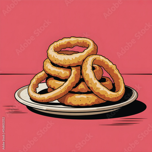 Golden Onion Rings on Plate with Pink Background