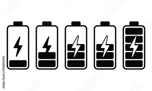 Battery Charging Level Icons Black, Low to Full Power Cell with Lightning Bolt