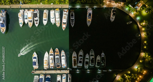 Top-down drone photo of a palm-lined marina in Angra dos Reis, Rio de Janeiro state. Luxury yachts sit moored along the curved seawall while a small craft leaves a white wake across deep green water. 