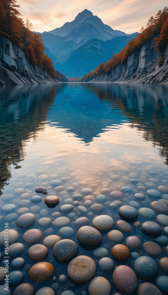 Obraz premium Vivid Pebbles Beneath Clear Sunset Lake with Autumn Cliffside