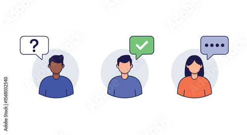 Vector illustration of diverse characters engaging in communication with speech bubbles for web and app design