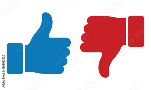 Blue Thumbs Up and Red Thumbs Down Hand Gesture on White Background
