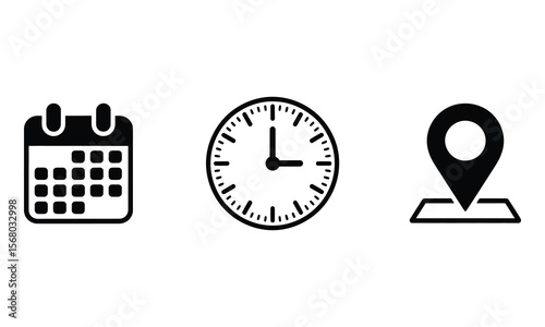 Calendar Clock Location Icon Set, Scheduling and Navigation on Transparent Background