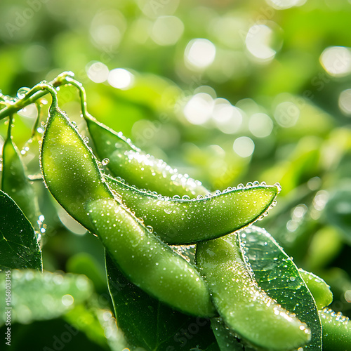 Close-up of fresh edamame soaked in morning dew