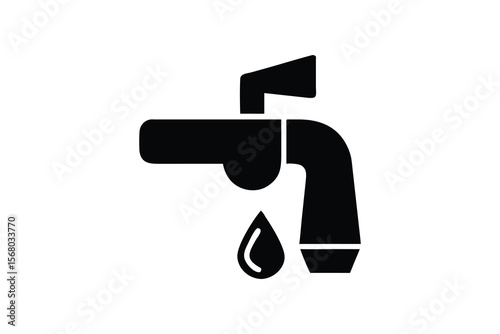 A simple black and white graphic illustration of a dripping faucet with a single water droplet falling from the spout against a clean white background representing water conservation or plumbing issue