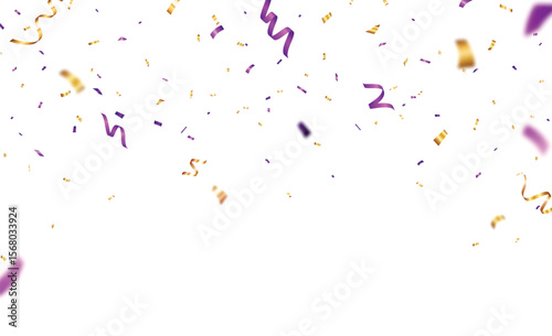 Bursting shiny gold and purple confetti award ribbon, celebrations and holiday design element