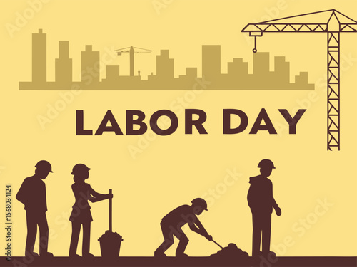 Labor Day Illustration with Construction Workers City Skyline and Crane Against a Yellow Background illustration featuring