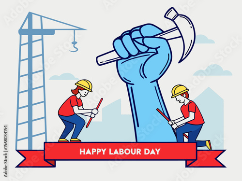 Happy Labor Day Illustration with Construction Workers a Giant Hand Holding a Hammer and a Crane