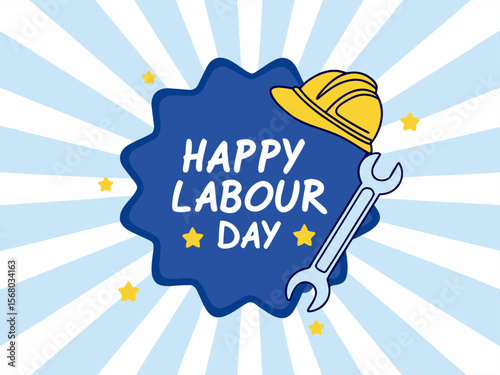 Festive Happy Labor Day Illustration with Construction Helmet Wrench and Star Accents on Striped Background cheerful
