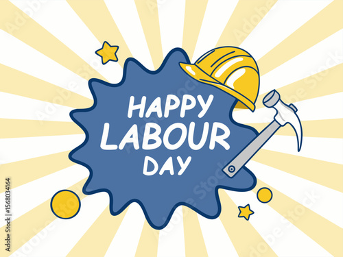 Festive Happy Labor Day Illustration with Construction Helmet Wrench and Star Accents on Striped Background cheerful