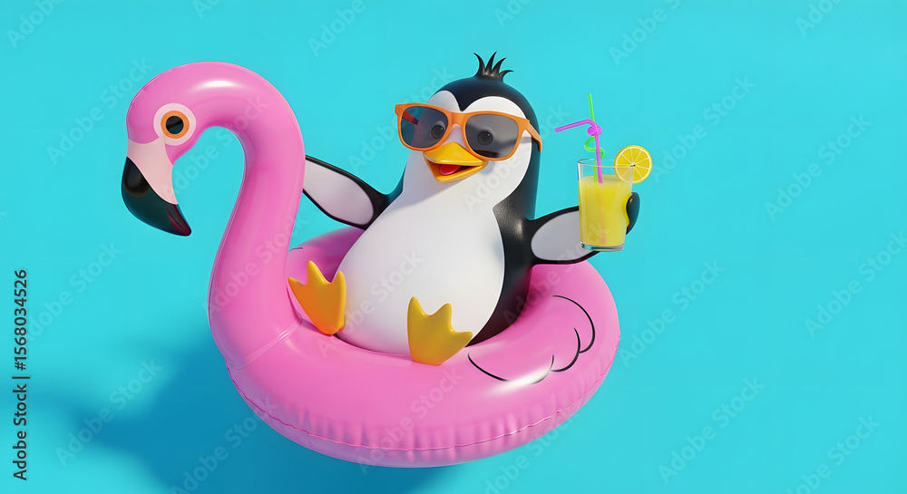 Naklejka premium Cute Penguin Inflatable Pool Float with Sunglasses and Lemonade on Bright Blue Background