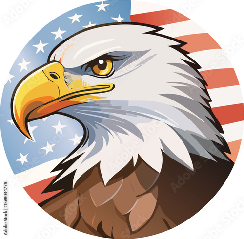 A bold vector symbol of a bald eagle’s head in profile, white feathers and yellow beak