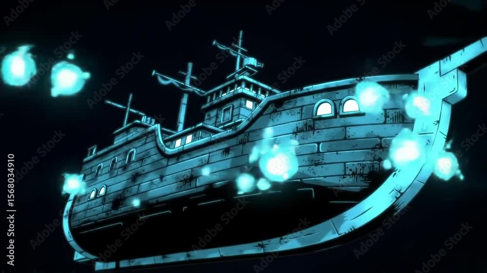 Old Sailing Ship Floating with Glowing Orbs Animation