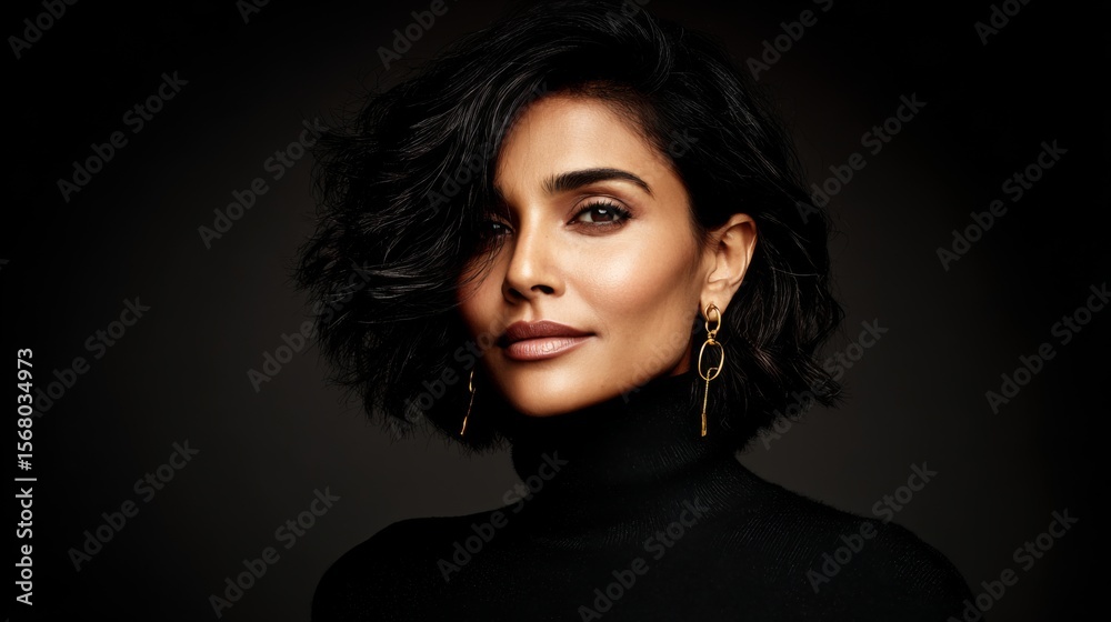 Naklejka premium A sophisticated portrait of a woman with an enigmatic smile, elegantly dressed and set against a minimalist backdrop, highlighting her natural beauty and allure.