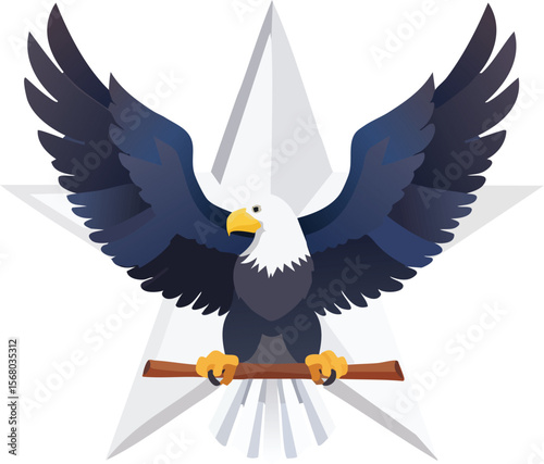 A patriotic symbol of an eagle with spread wings embracing a large white star and flag
