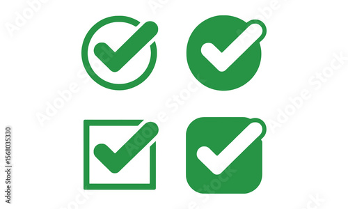 Approved Checkmarks Set, Green Tick in Circle, Square with White Backgrounds