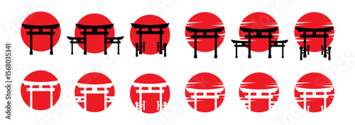 silhouette of japanese gate in the red circle of sun set traditional gate architecture in the japan shrine or temple