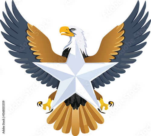 A patriotic symbol of an eagle with spread wings embracing a large white star and flag