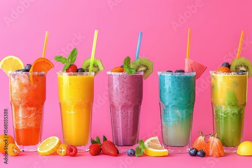 Pixel Perfect Image of Six Colorful Smoothies with Garnishes