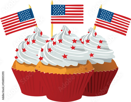 A red, blue, and white frosted cupcakes with a small american flags