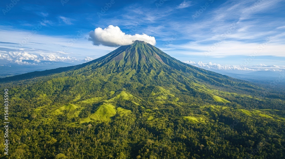 Fototapeta premium Serene landscape showcasing a lush mountain veiled by a gentle cloud cover