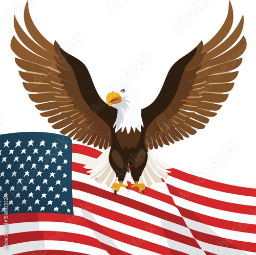 A patriotic symbol of an eagle with spread wings embracing a large white star and flag