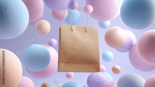 Brown paper shopping bag surrounded by pastel colored spheres.