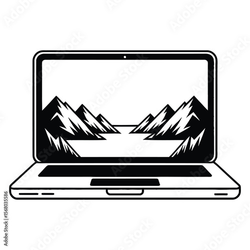 Black and White Laptop Screen Displaying Stylized Mountain Landscape computer mountains