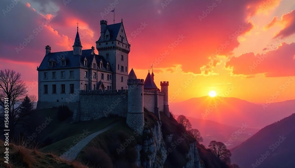 Majestic Medieval Castle Silhouette at Sunset, Impressive Historical Landscape Photography Majestic Medieval Castle Silhouette at Sunset, Impressive Historical Landscape Photography