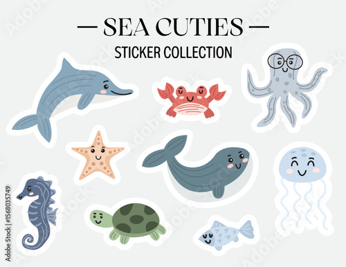 Illustration of sea world stickers on gray background.