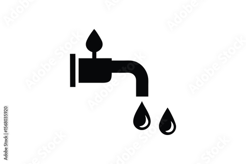 Simple black and white graphic illustration of a dripping faucet with water droplets falling representing water conservation and plumbing issues