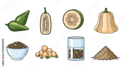 Group of Fresh Vegetables and Spices on White Background Healthy Food Concept Illustration