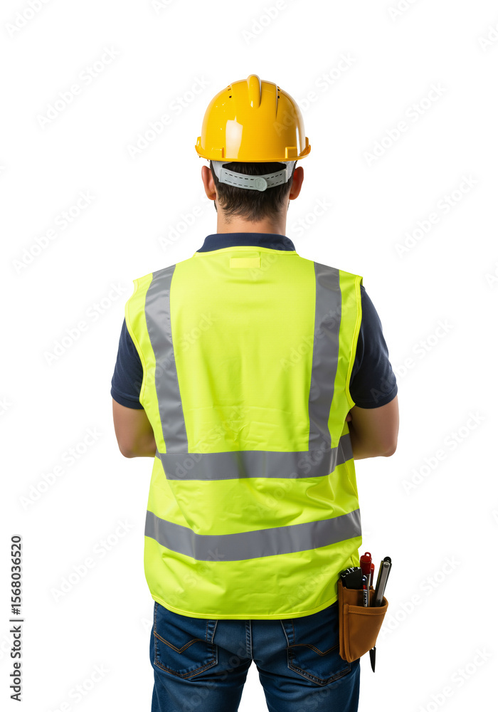 Back view of a male construction worker wearing a yellow hard hat and a high visibility safety vest. Engineer or handyman isolated on a transparent background. Back view of a male construction worker wearing a yellow hard hat and a high visibility safety vest. Engineer or handyman isolated on a transparent background.