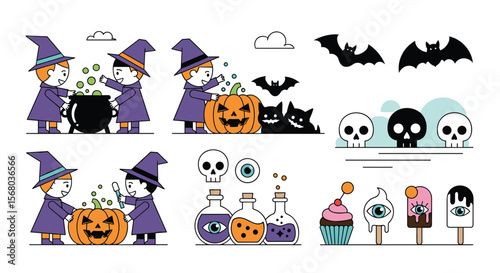 Spooky Halloween Characters Gathering Magical Potions and Pumpkins for Celebration