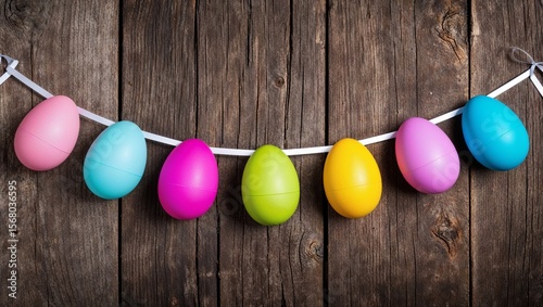 A collection of vibrant Easter eggs on wooden background.